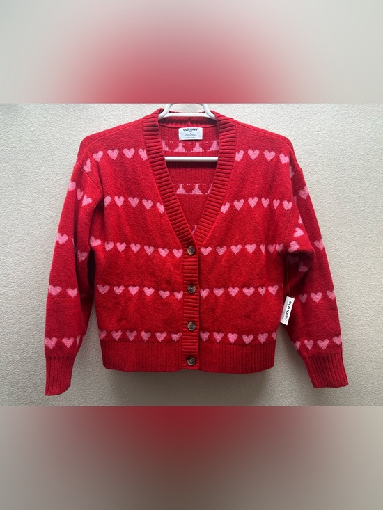 Old Navy Sweaters - Old Navy Red Cardigan with Pink Heart Pattern